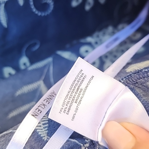 ANNE KLEIN Blue Embroidered Chambray Denim Dress 12 Floral Cotton - Picture 13 of 15